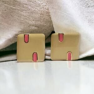 1990s Cream & Pink Square Clip-On Earrings Pastel Retro Jewelry